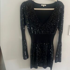 Black Sequin Bell Sleeve V-Neck Cocktail Dress